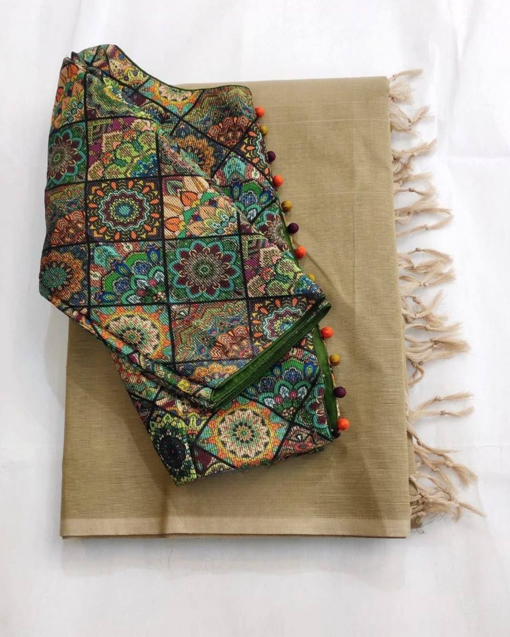 Superhit Kalamkari Ekkat Print Saree | Chanderi Readymade Blouse