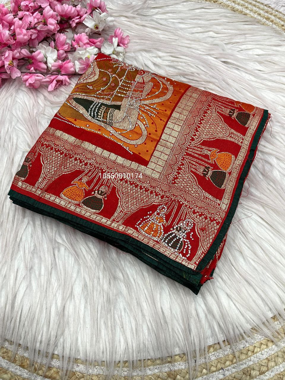 Karwa Chouth Special Dola Silk Saree with Hand Dyeing & Zarkhan Work – New Launch