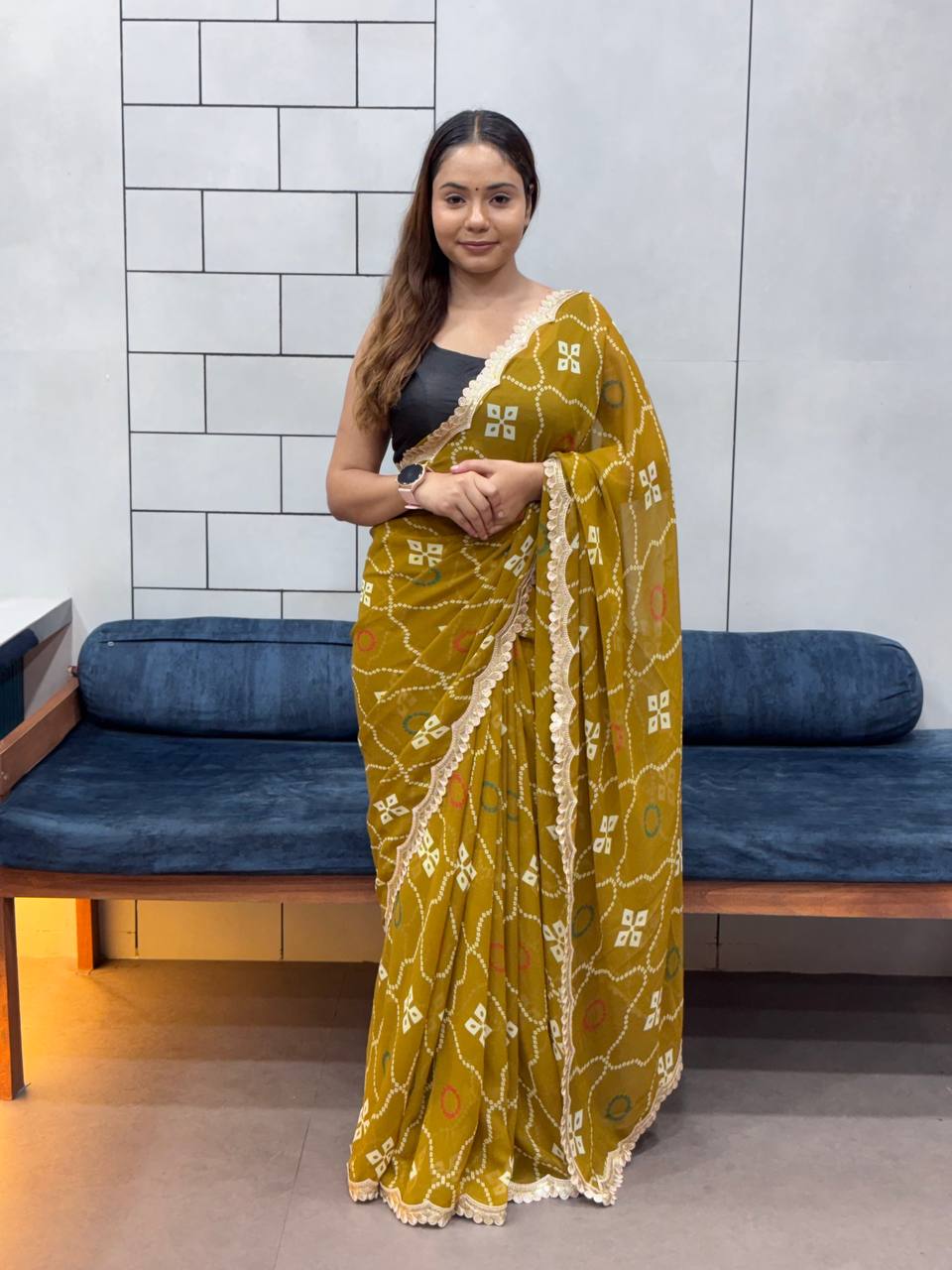 Special Leriya Print Bandhej Saree – Soft Georgette with Embroidery Sequence Lace