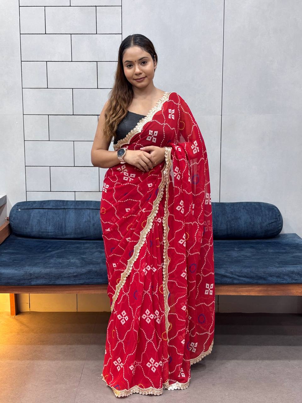 Special Leriya Print Bandhej Saree – Soft Georgette with Embroidery Sequence Lace