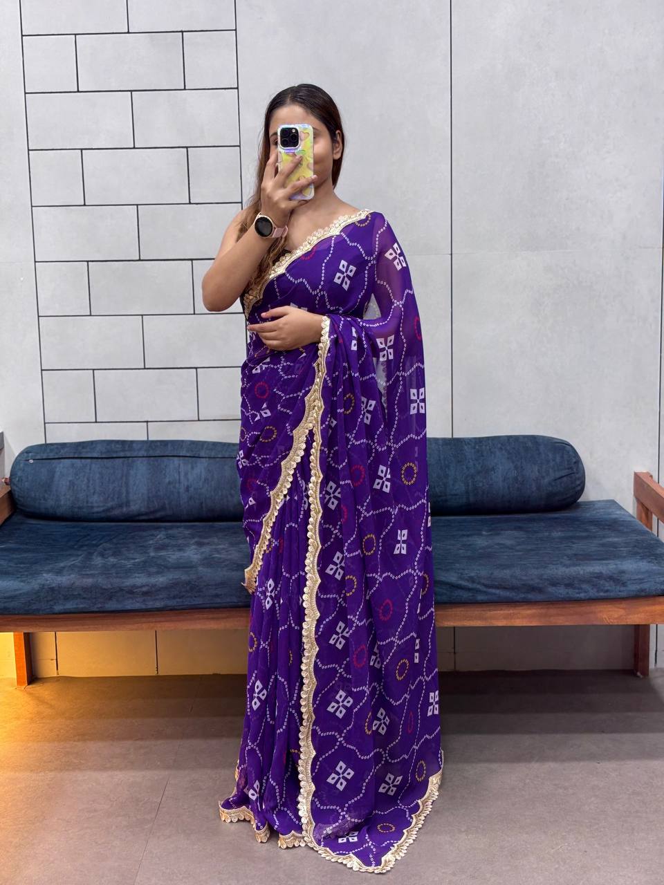 Special Leriya Print Bandhej Saree – Soft Georgette with Embroidery Sequence Lace