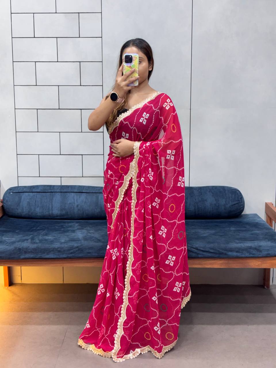 Special Leriya Print Bandhej Saree – Soft Georgette with Embroidery Sequence Lace