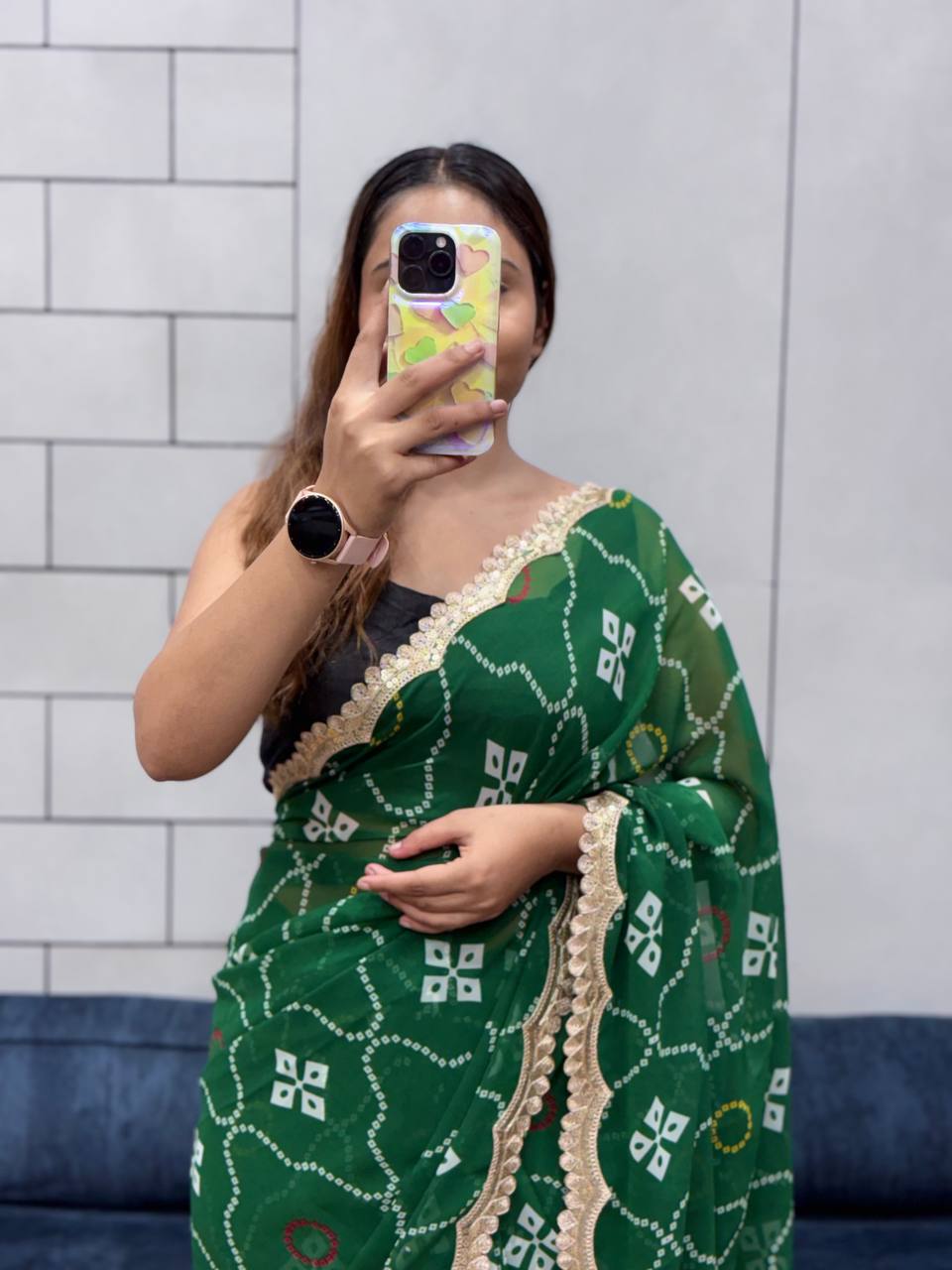 Special Leriya Print Bandhej Saree – Soft Georgette with Embroidery Sequence Lace