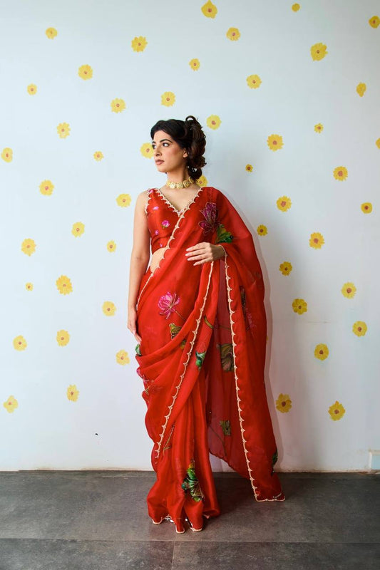 Super Hit Soft Tabi Organza Saree – Celebrity Style Handwork with Cut Dana & Moti Border