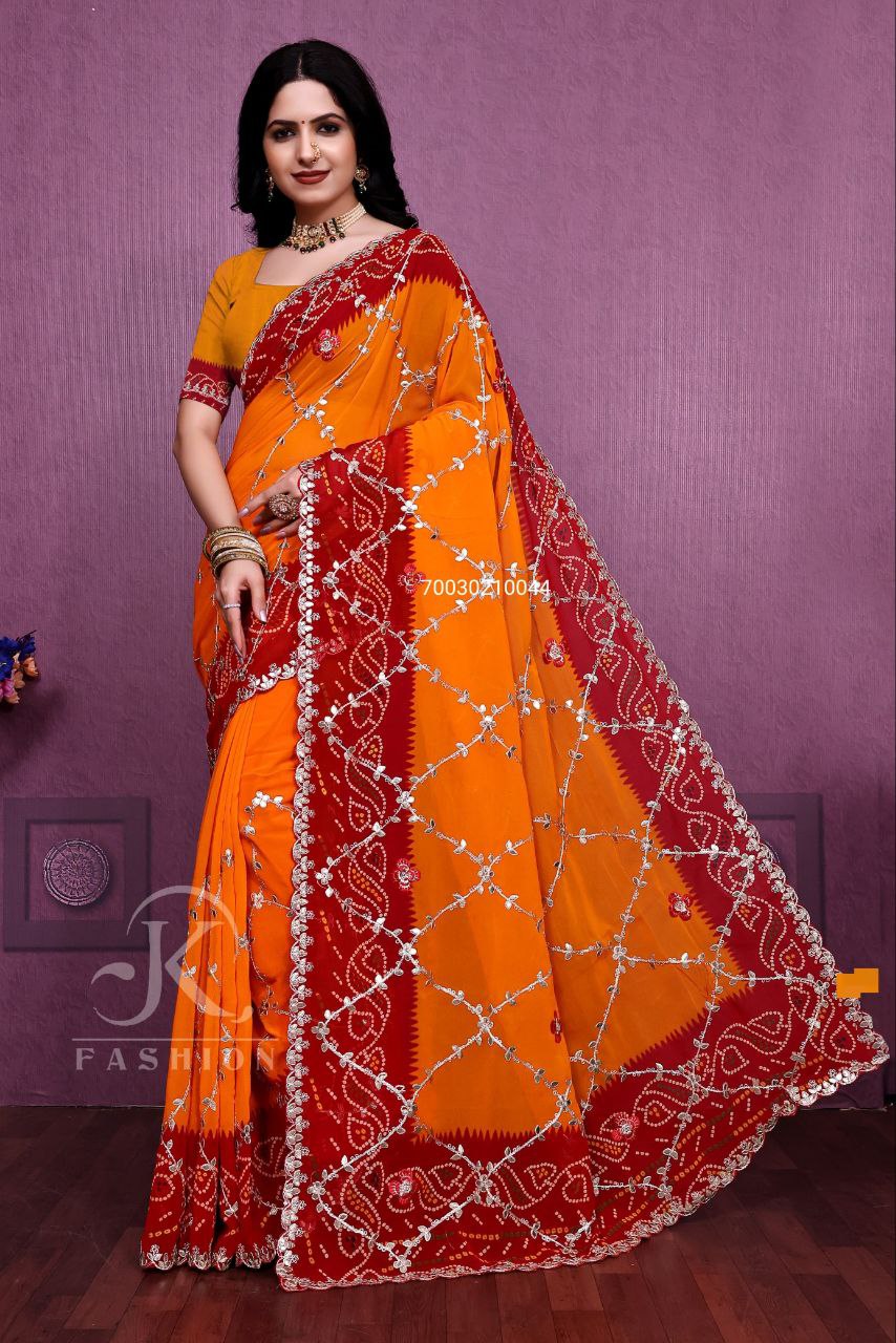 Jaipruri Bandhej CYC Georgette Saree with Gotta & Thread Work