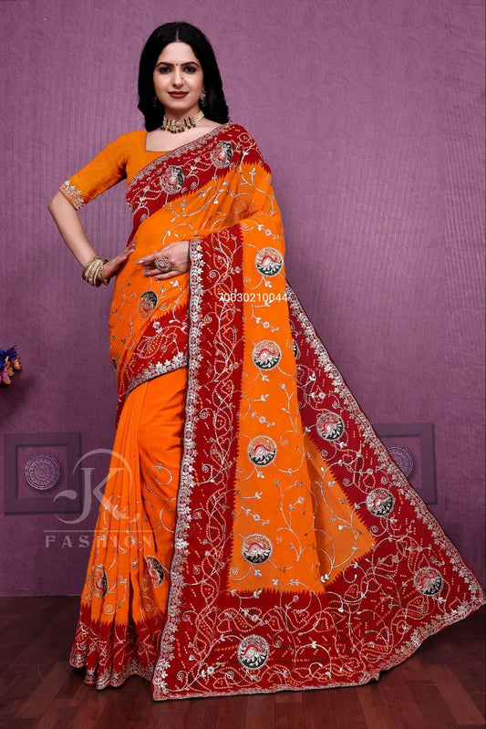 Jaipruri Bandhej CYC Georgette Saree with Gotta & Thread Work