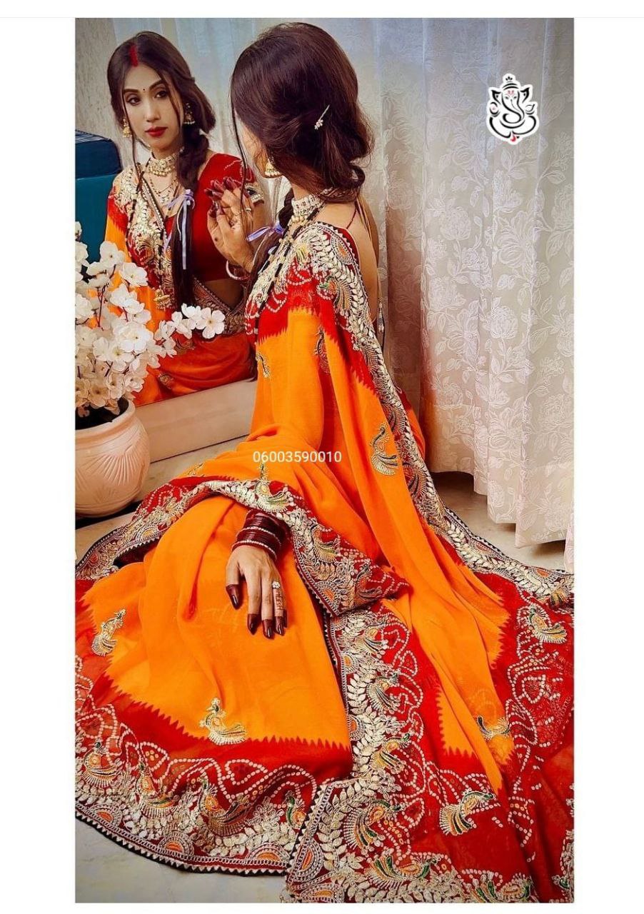 Bandhej Heavy Georgette Saree with Gotta Patti & Thread Work – Premium Designer C-Pallu Saree