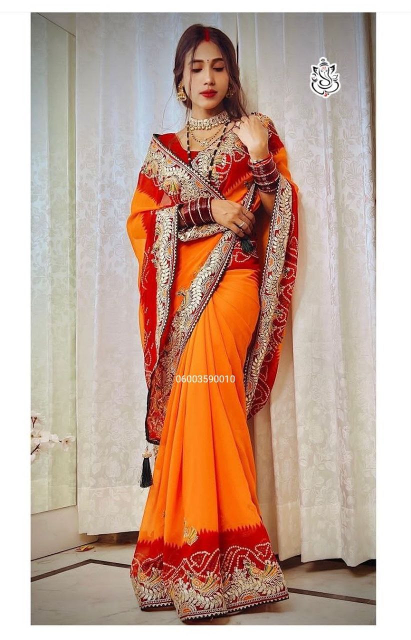 Bandhej Heavy Georgette Saree with Gotta Patti & Thread Work – Premium Designer C-Pallu Saree