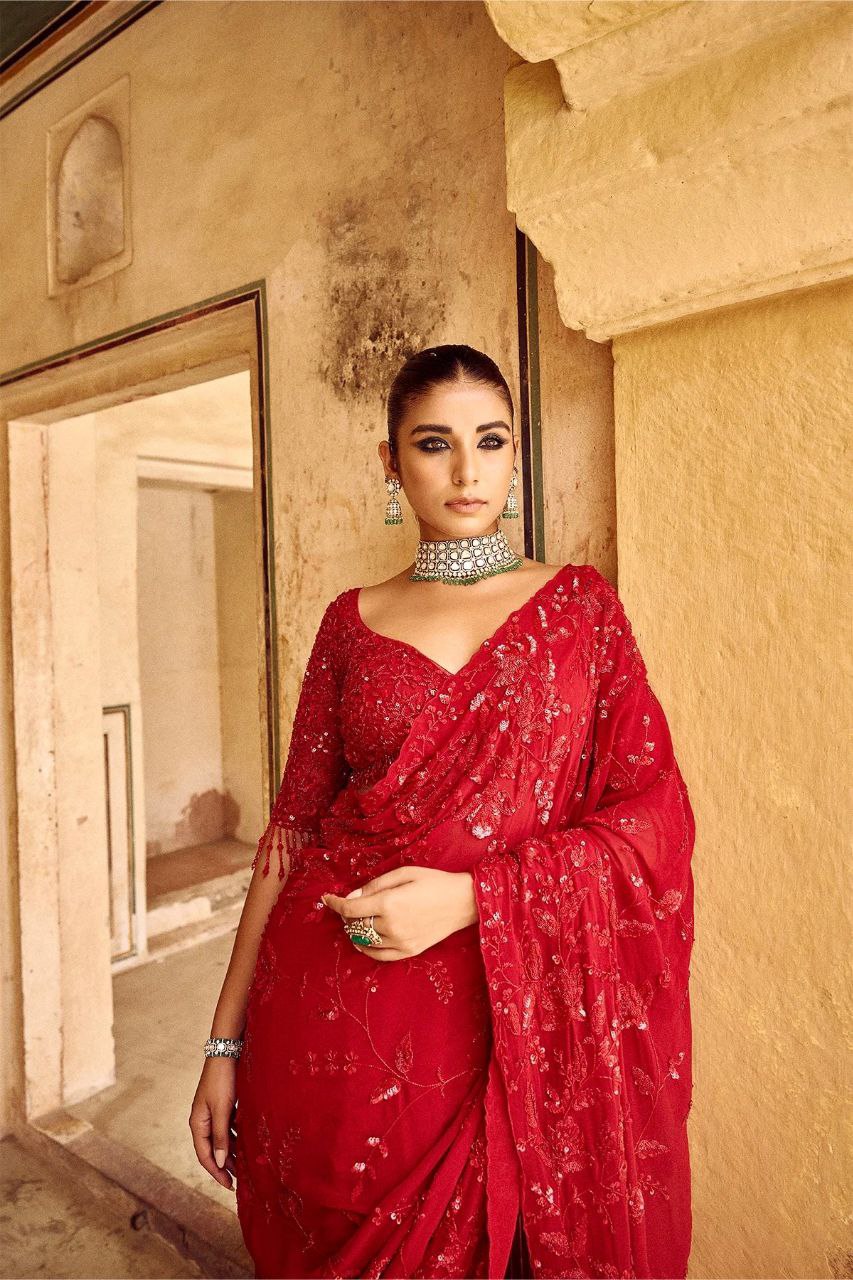 Bollywood Blockbuster Multicolor Sequin Saree – Heavy Georgette with Zalar Pallu | DF 3447