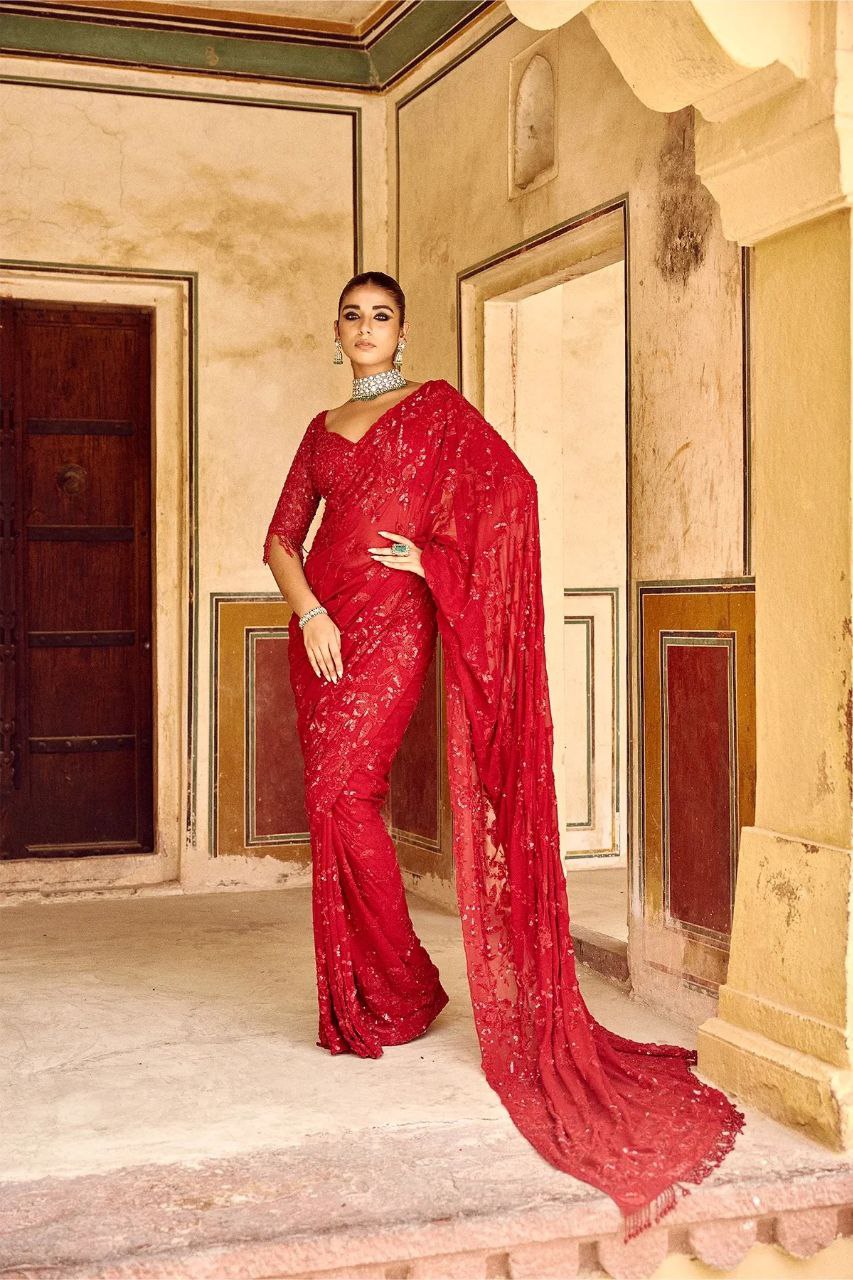 Bollywood Blockbuster Multicolor Sequin Saree – Heavy Georgette with Zalar Pallu | DF 3447