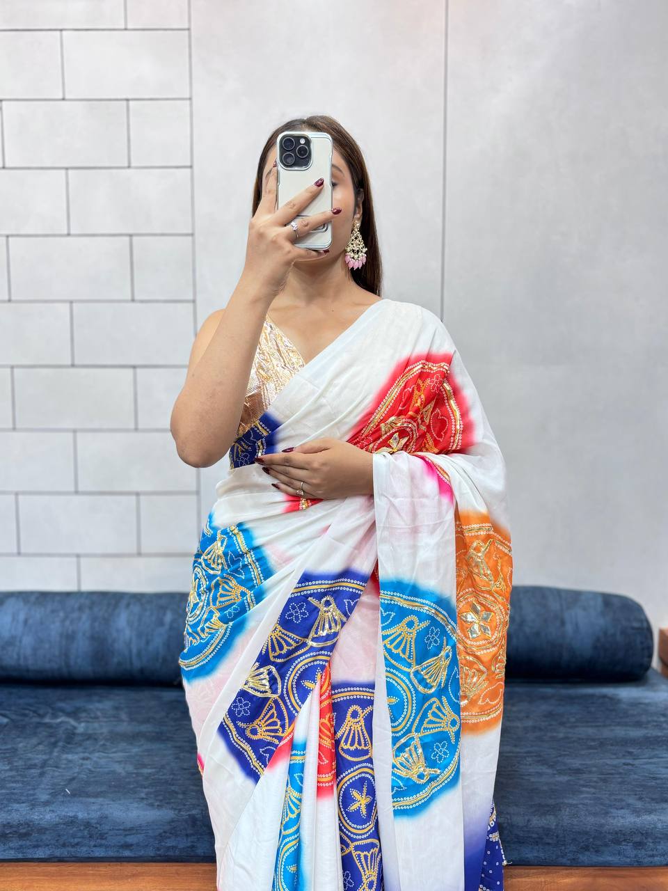 Special Bandhani Gota Patti Handwork Saree | Soft Silk Bandhej Print Saree with Contrast Blouse