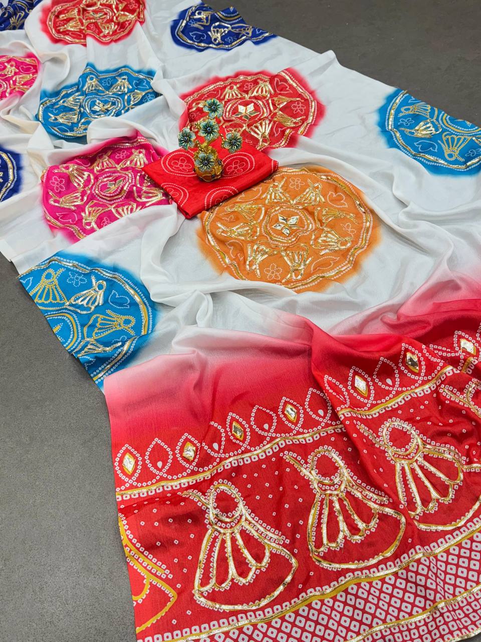 Special Bandhani Gota Patti Handwork Saree | Soft Silk Bandhej Print Saree with Contrast Blouse