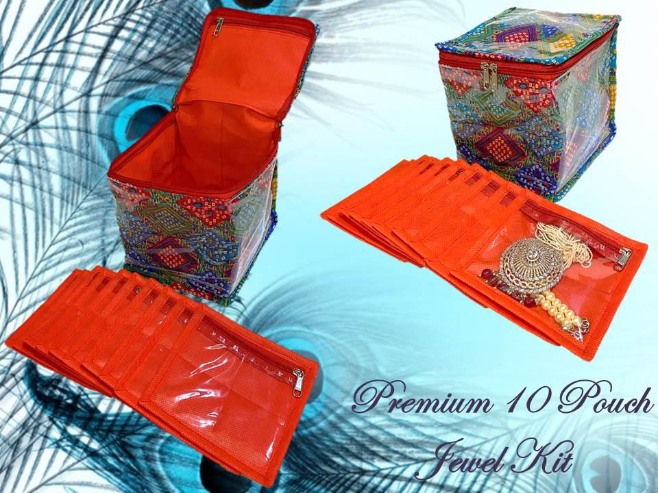Bandhej Printed Cotton Jewelry & Makeup Kit Bag – 10 Pouch Organizer | Zip Closure