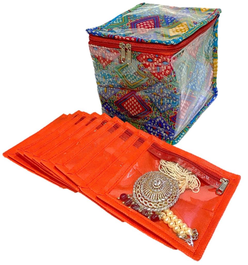 Bandhej Printed Cotton Jewelry & Makeup Kit Bag – 10 Pouch Organizer | Zip Closure