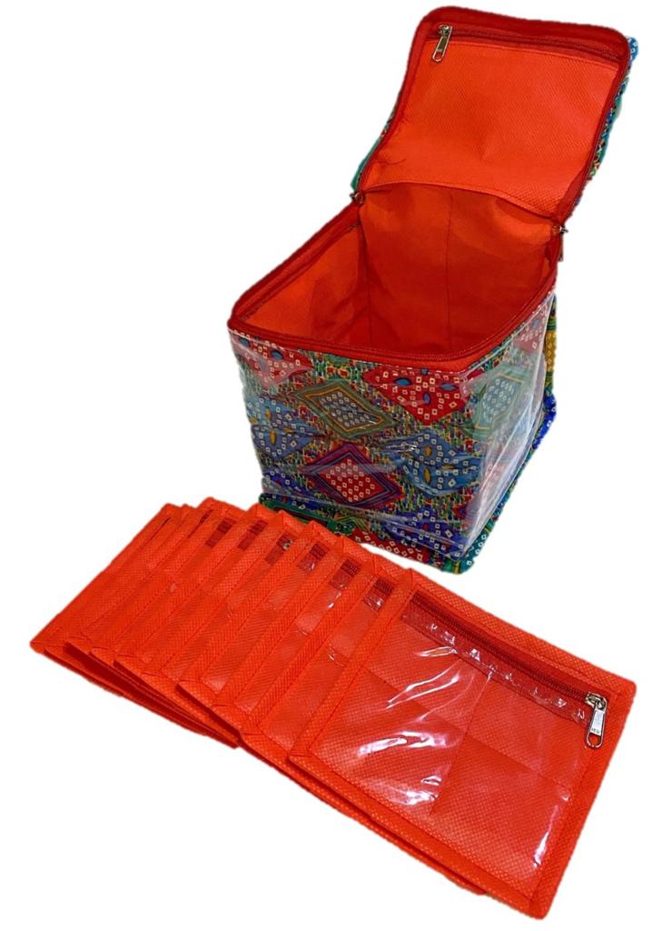 Bandhej Printed Cotton Jewelry & Makeup Kit Bag – 10 Pouch Organizer | Zip Closure