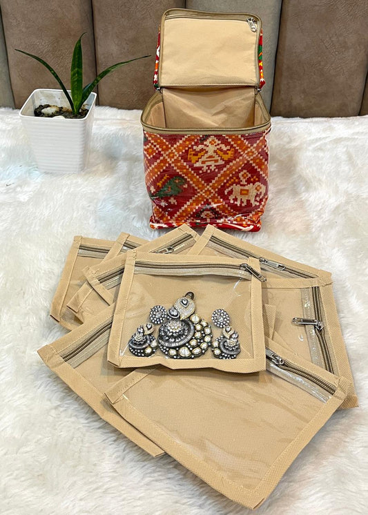 Detachable 10 Pouch Jewelry Travel Kit – Patola Print with PVC Coating | Code: T043