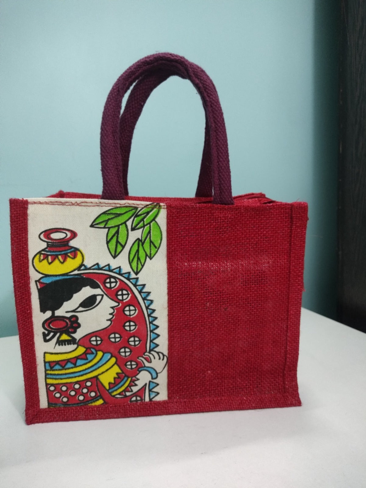 Bags Printed Eco-friendly Durga Print Jute Bag/Shopping Bag/Grocery Bag with Zip Closure ( 6 Pieces )