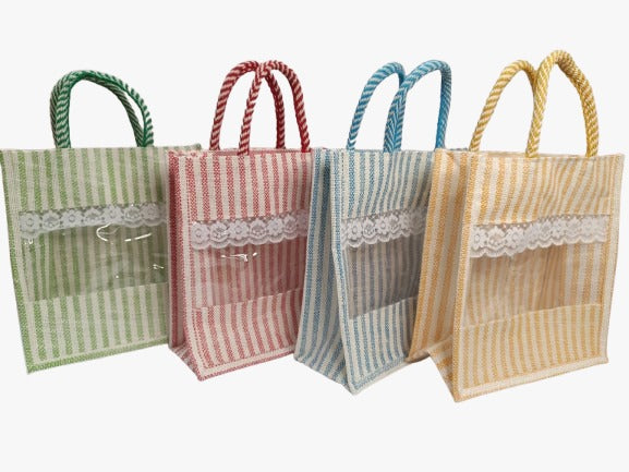 Stylish Jute Gift Bags with Transparent Panel and Lace Design ( 4 Pieces )