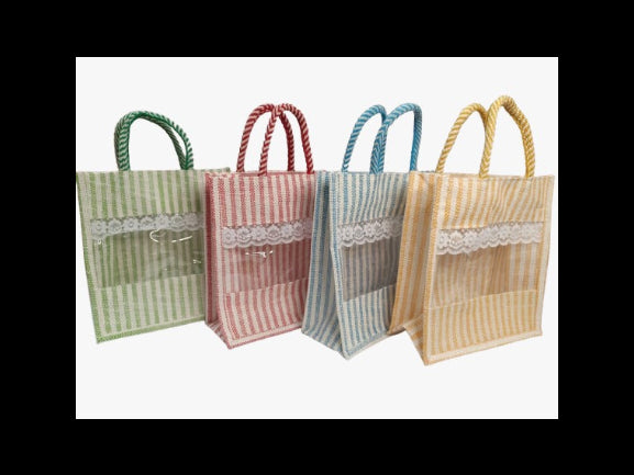 Stylish Jute Gift Bags with Transparent Panel and Lace Design ( 4 Pieces )