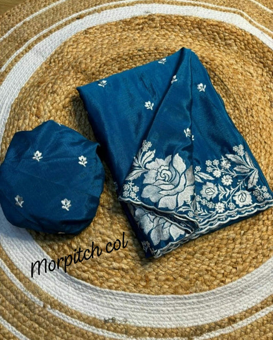 Pure Chinnon Chiffon with white silver zari  Embroidery work  In Saree