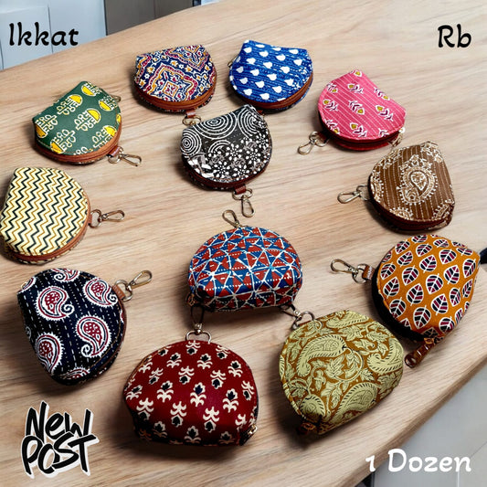 Ikkat Coin Pouch – Zipper Closure with Hook | Return Gift Pack (1 Dozen)