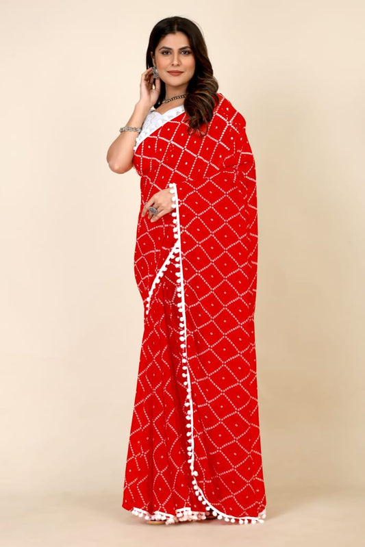 GEORGETTE PRINT  SAREE WITH WHITE PUMPUM LESS BORDER