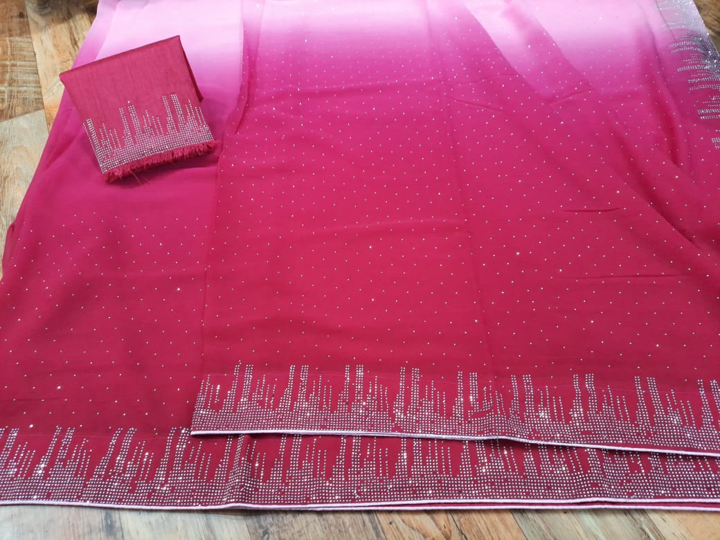Soft georgette padding saree with beads work all over saree n border WITH BACK SUPPORT LESS
