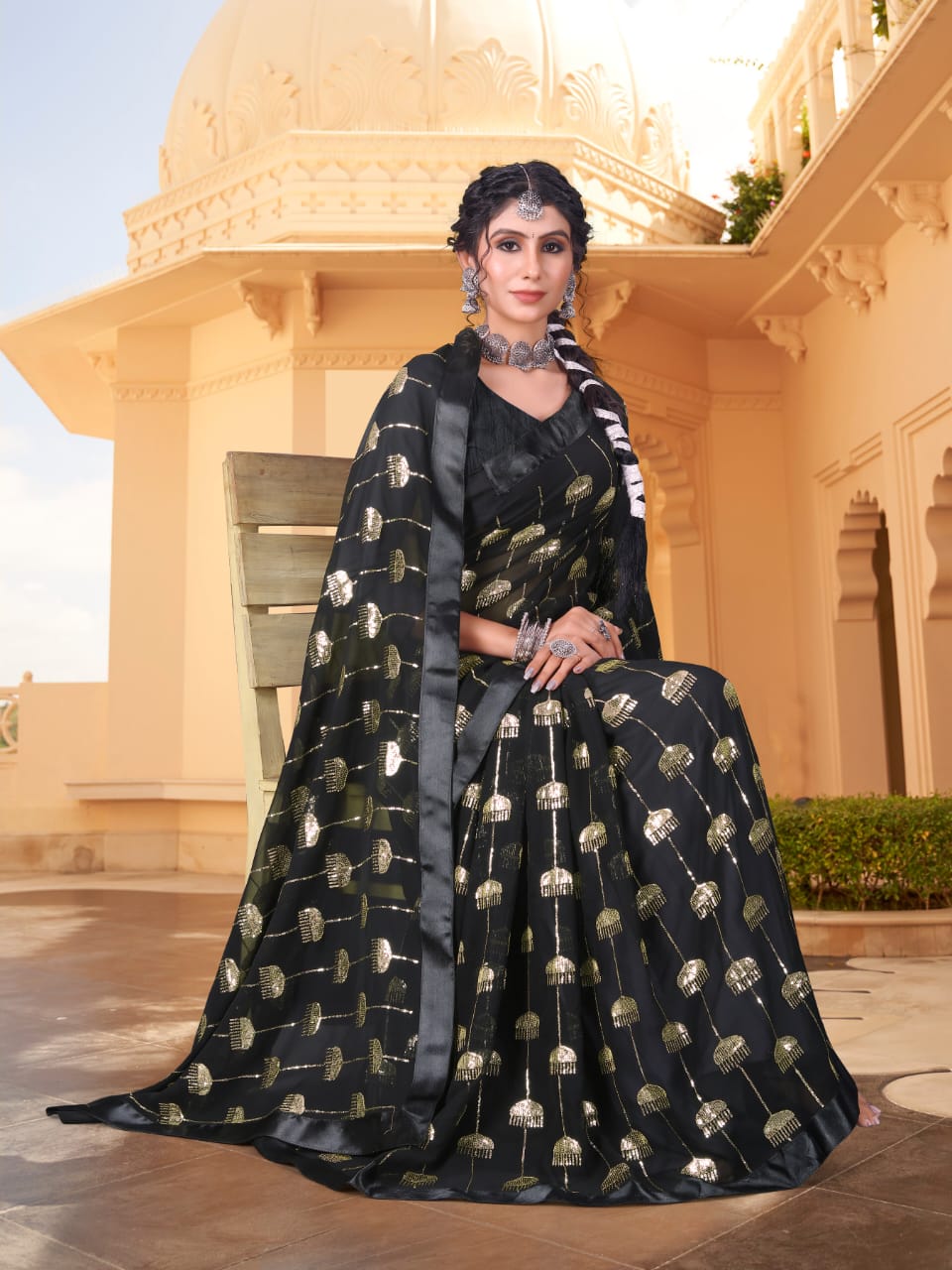 Georgette saree with sequence work all over WITH SATIN BORDER