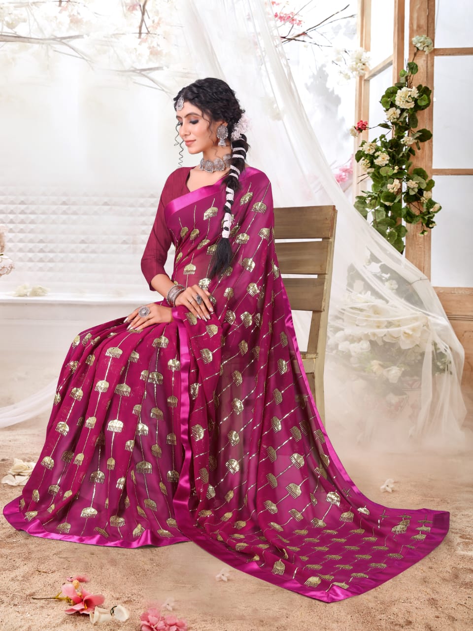 Georgette saree with sequence work all over WITH SATIN BORDER
