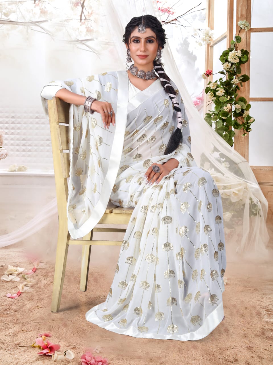 Georgette saree with sequence work all over WITH SATIN BORDER