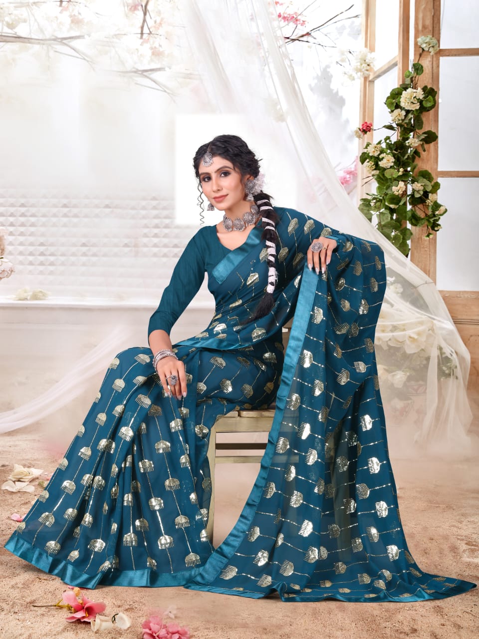 Georgette saree with sequence work all over WITH SATIN BORDER