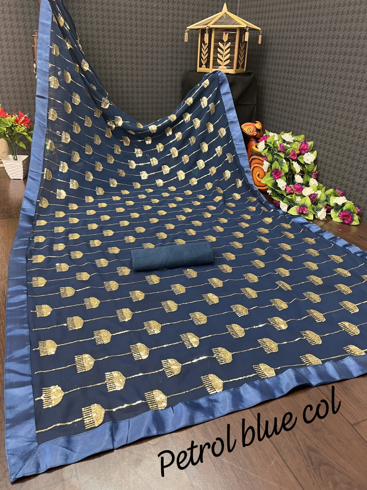 Georgette saree with sequence work all over WITH SATIN BORDER