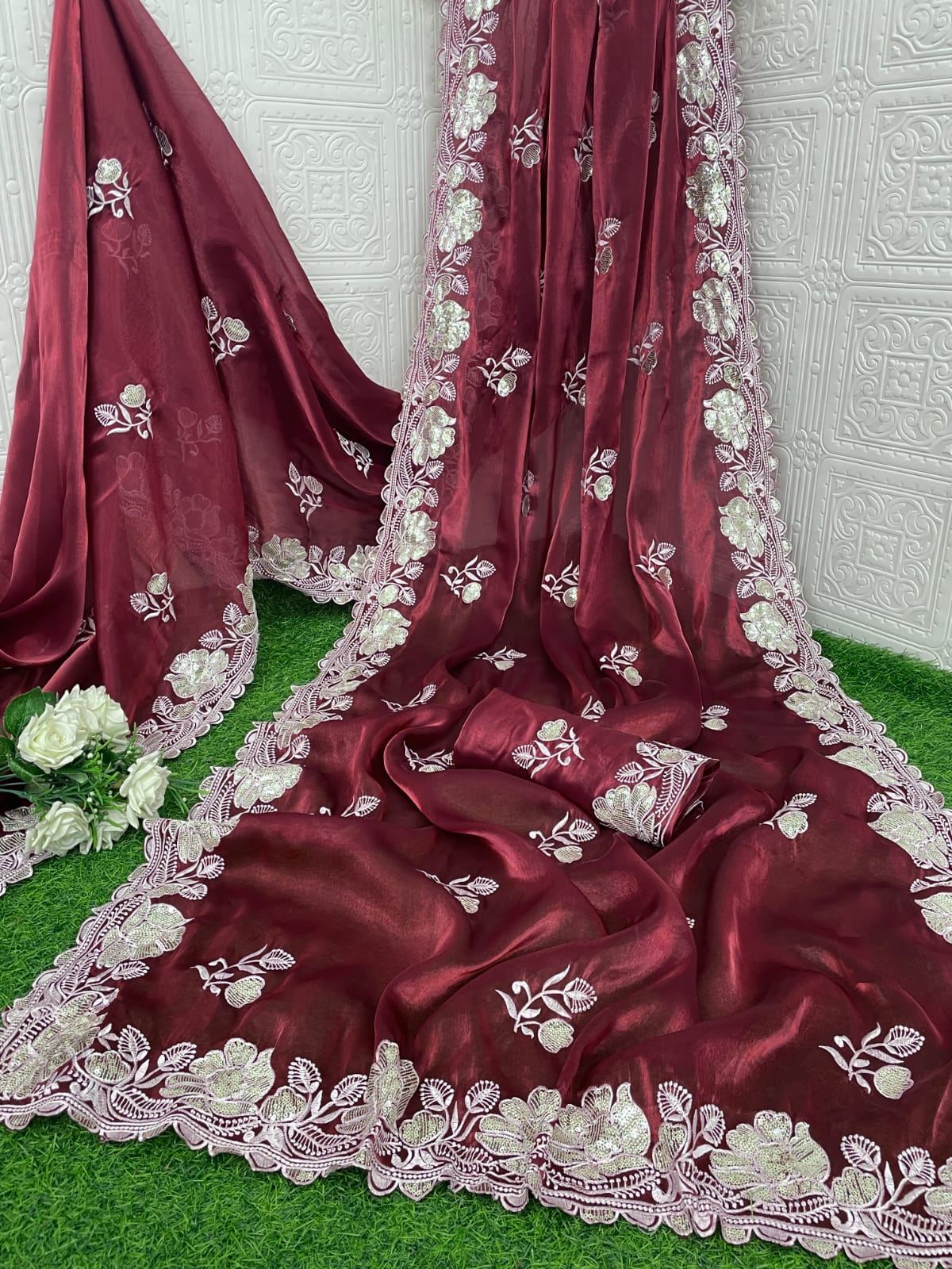 Pure soft zimmy choo silk sarees with amazing white thread & sequence zari work