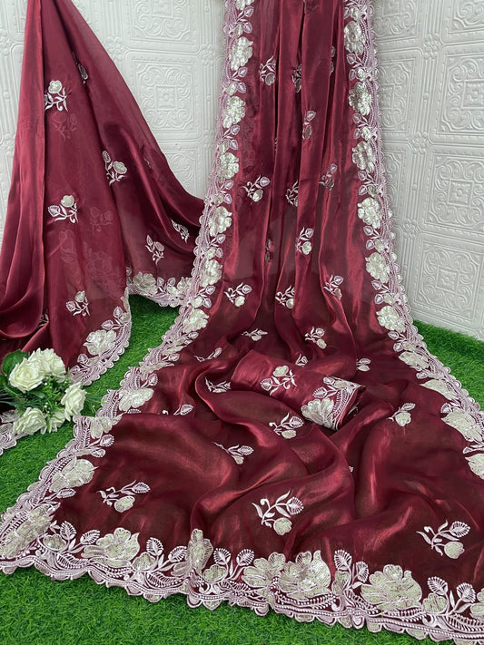 Pure soft zimmy choo  silk sarees with amazing white thread & sequence  zari work