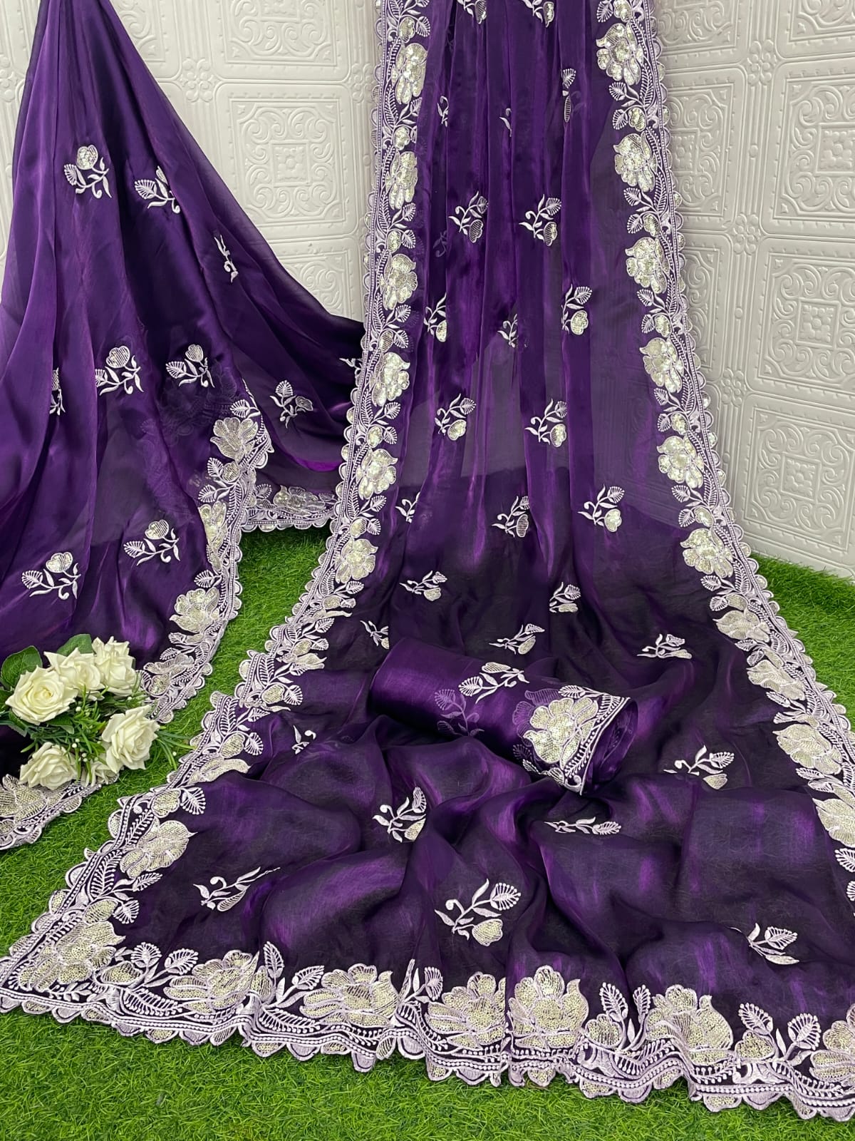 Pure soft zimmy choo silk sarees with amazing white thread & sequence zari work