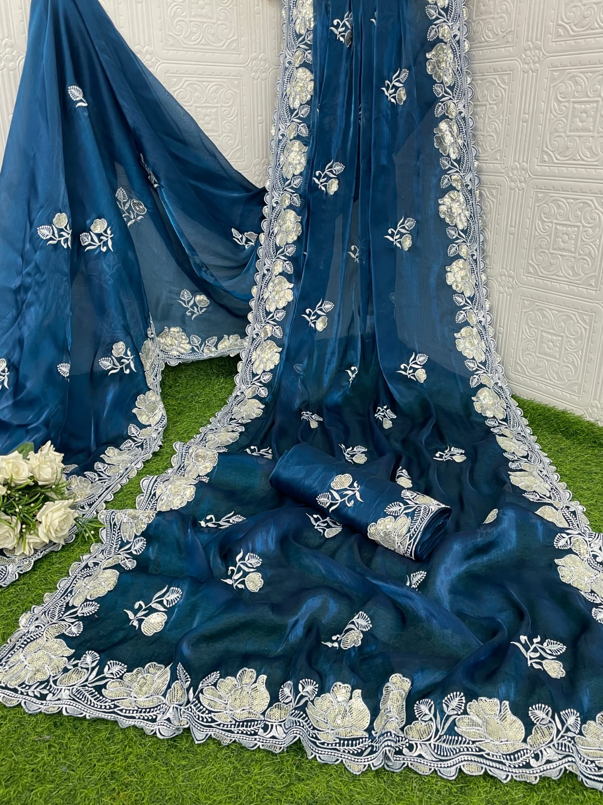 Pure soft zimmy choo silk sarees with amazing white thread & sequence zari work