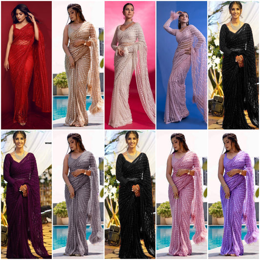 New Bollywood Blockbuster 5MM Multy Sequins Mono Net Saree – DF 3369