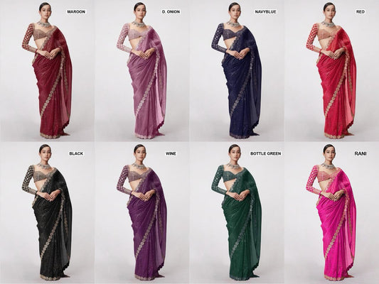 New Bollywood Blockbuster Original Mirror Work Faux Georgette Saree – DF 3429