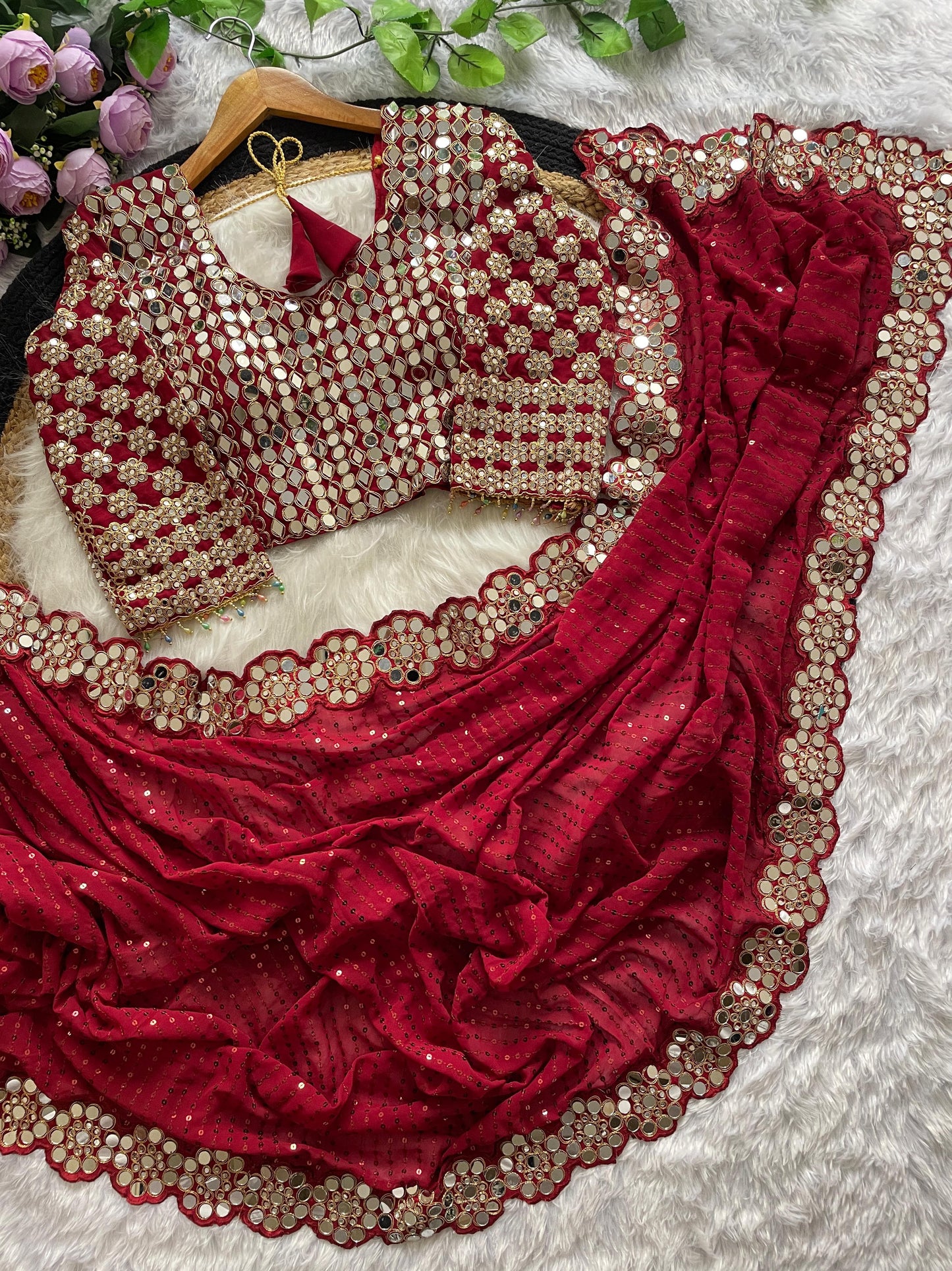 New Bollywood Blockbuster Original Mirror Work Faux Georgette Saree β DF 3429