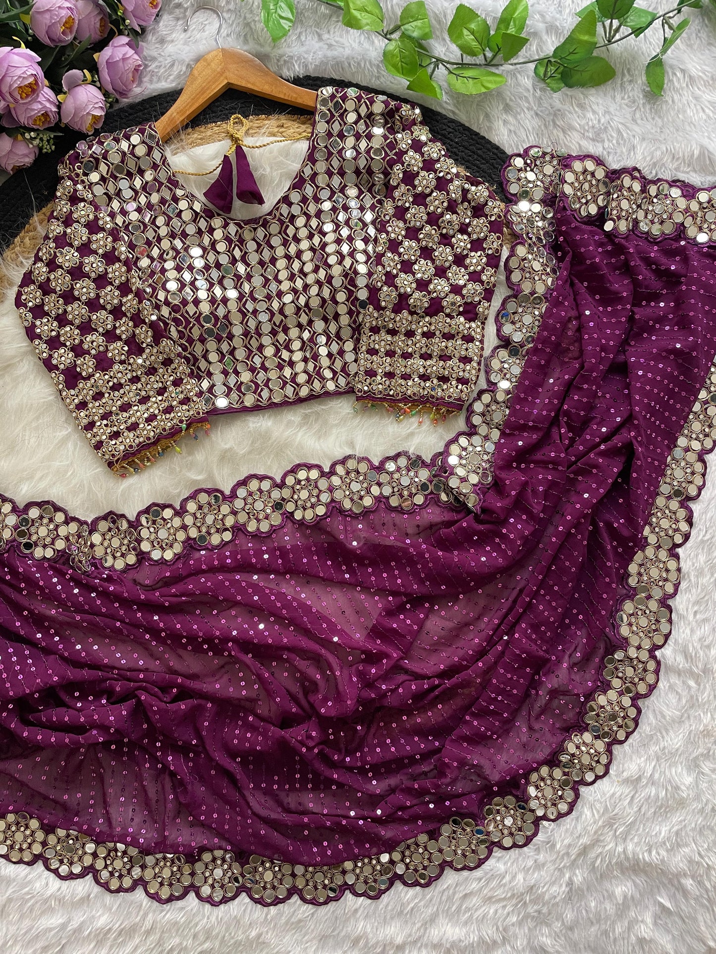 New Bollywood Blockbuster Original Mirror Work Faux Georgette Saree β DF 3429