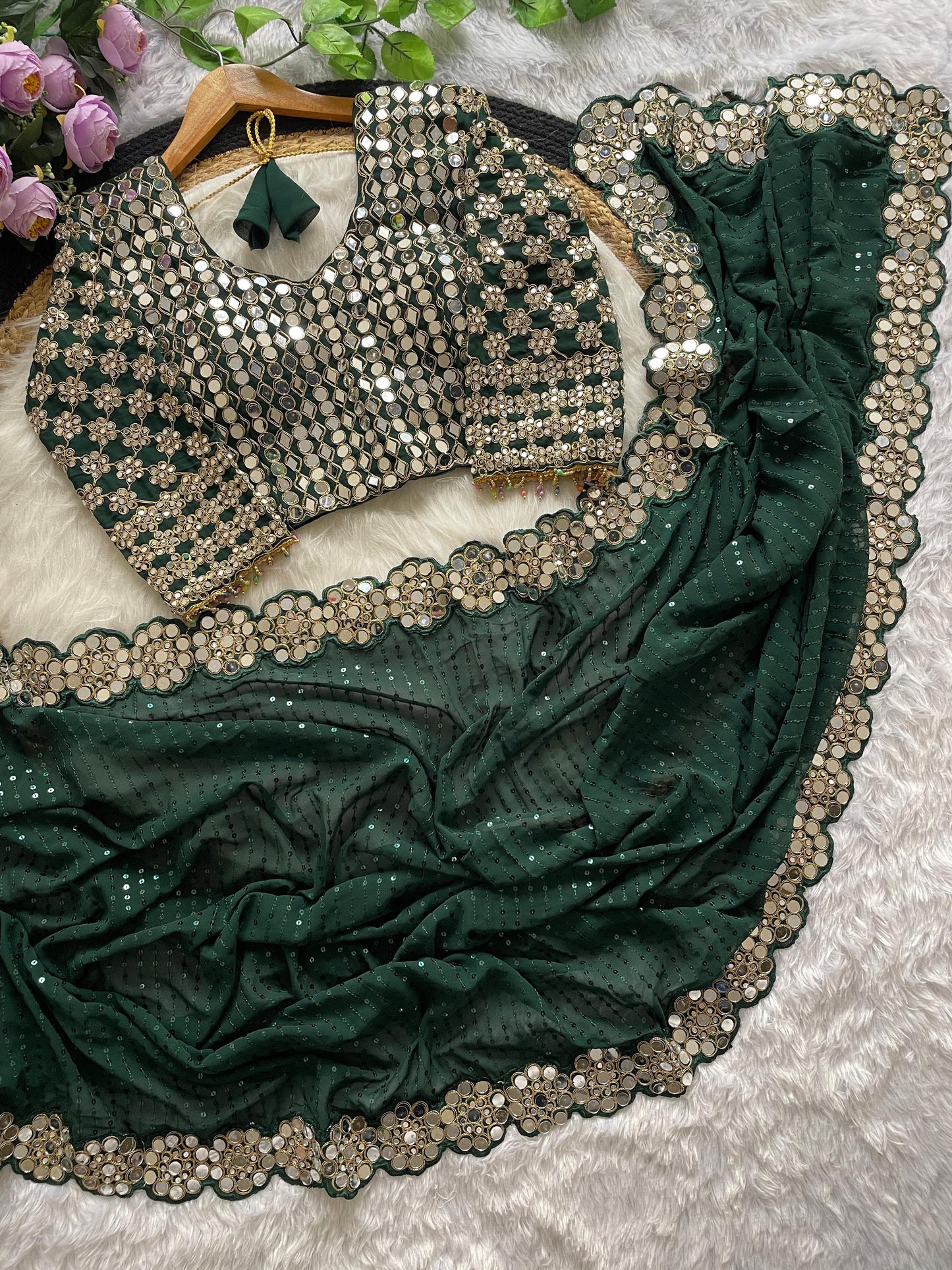 New Bollywood Blockbuster Original Mirror Work Faux Georgette Saree β DF 3429