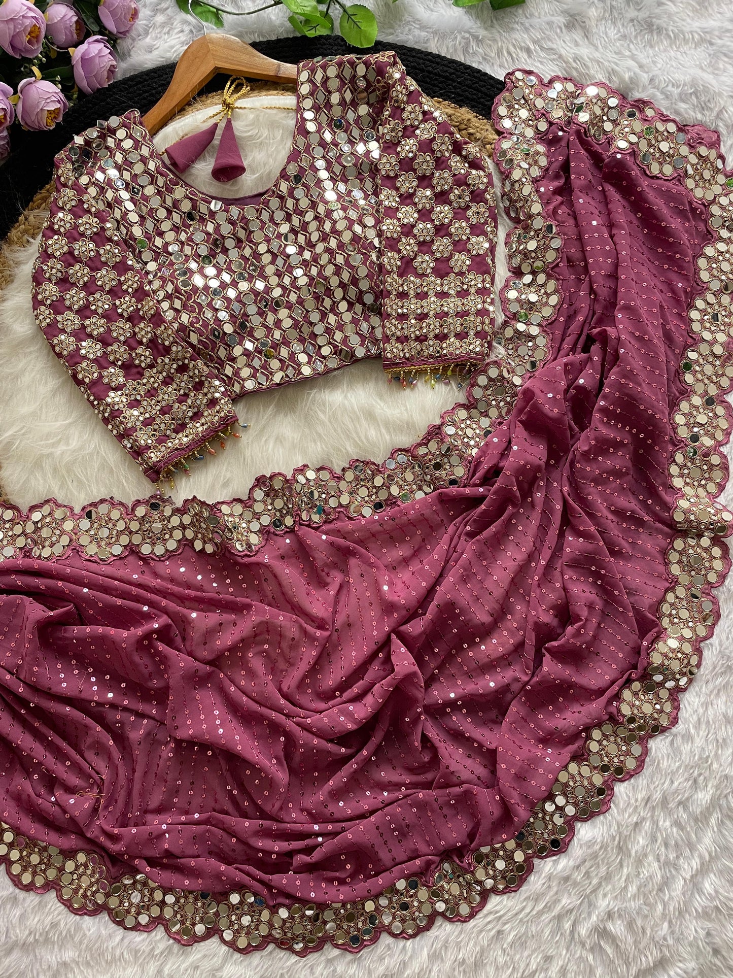 New Bollywood Blockbuster Original Mirror Work Faux Georgette Saree β DF 3429