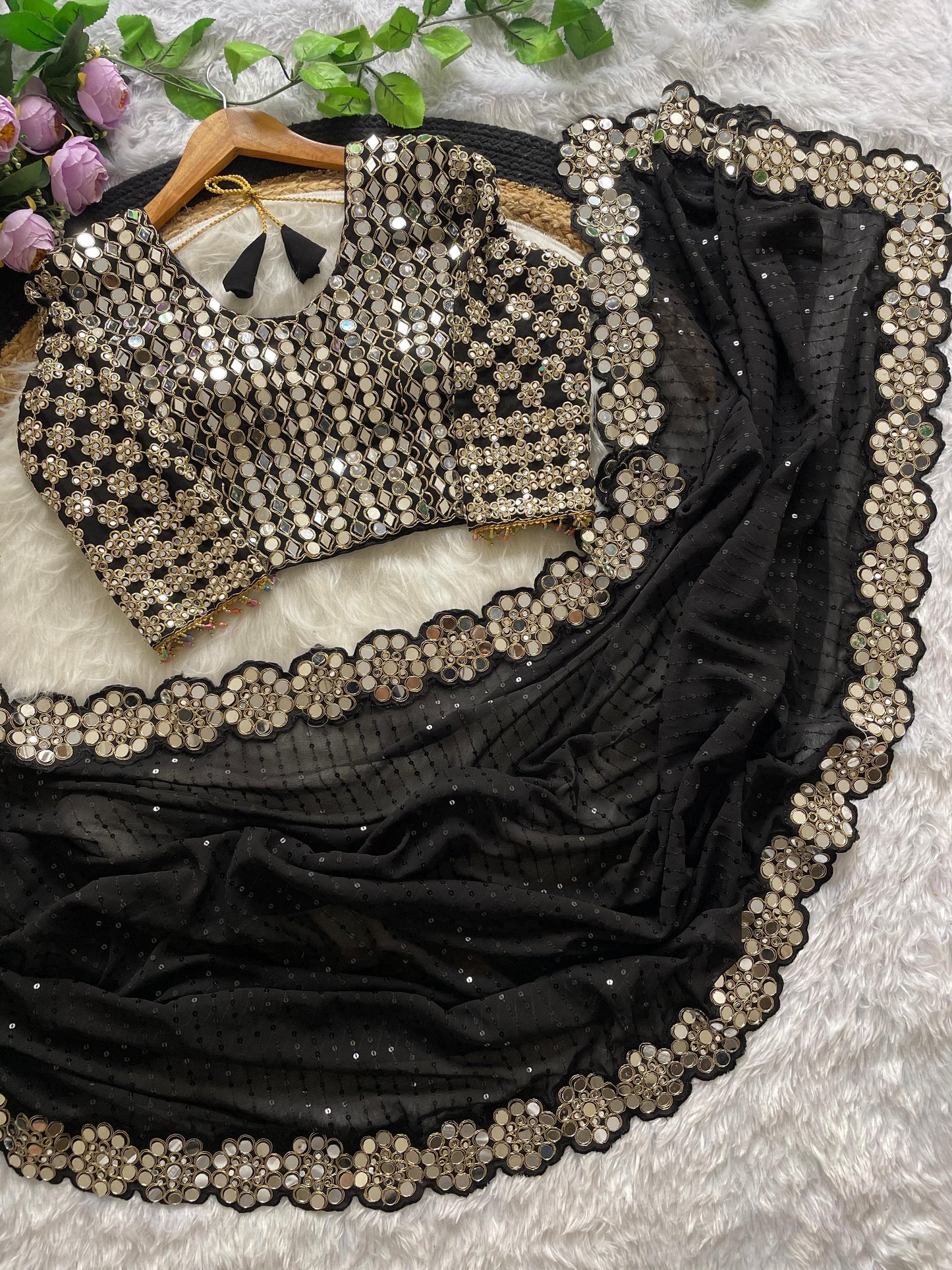 New Bollywood Blockbuster Original Mirror Work Faux Georgette Saree β DF 3429