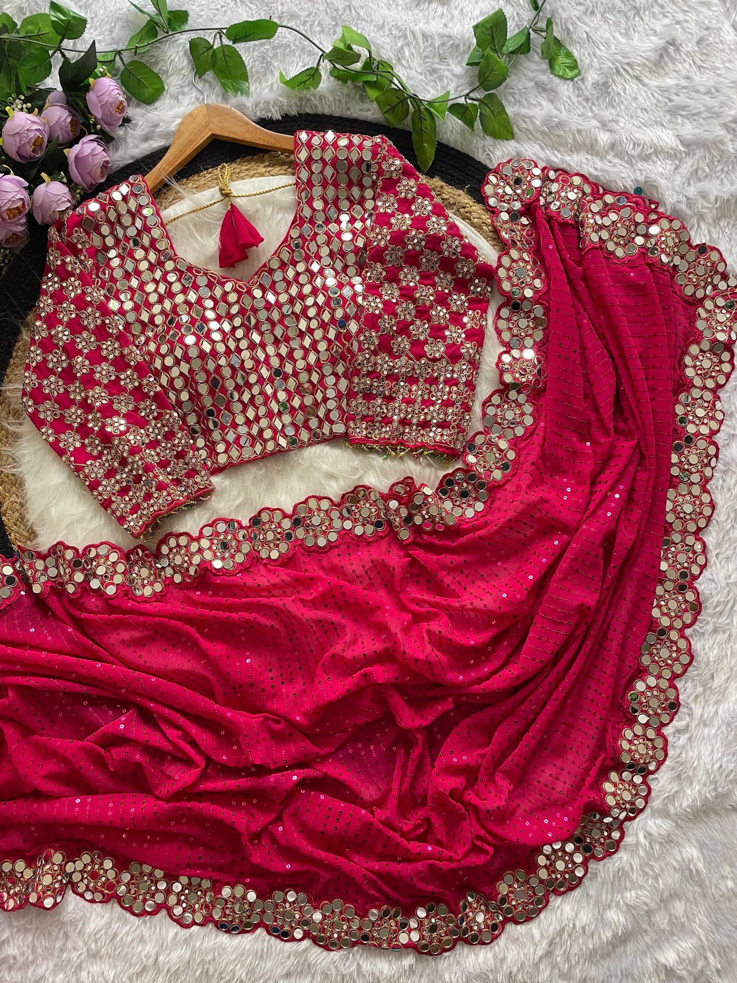 New Bollywood Blockbuster Original Mirror Work Faux Georgette Saree β DF 3429