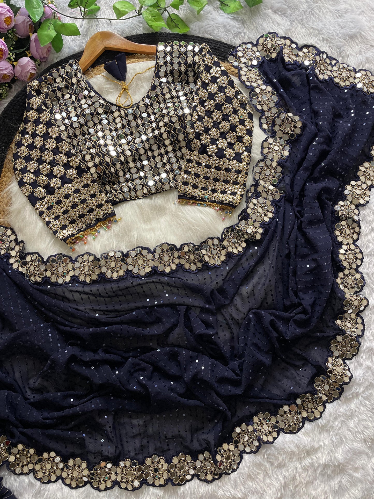 New Bollywood Blockbuster Original Mirror Work Faux Georgette Saree β DF 3429