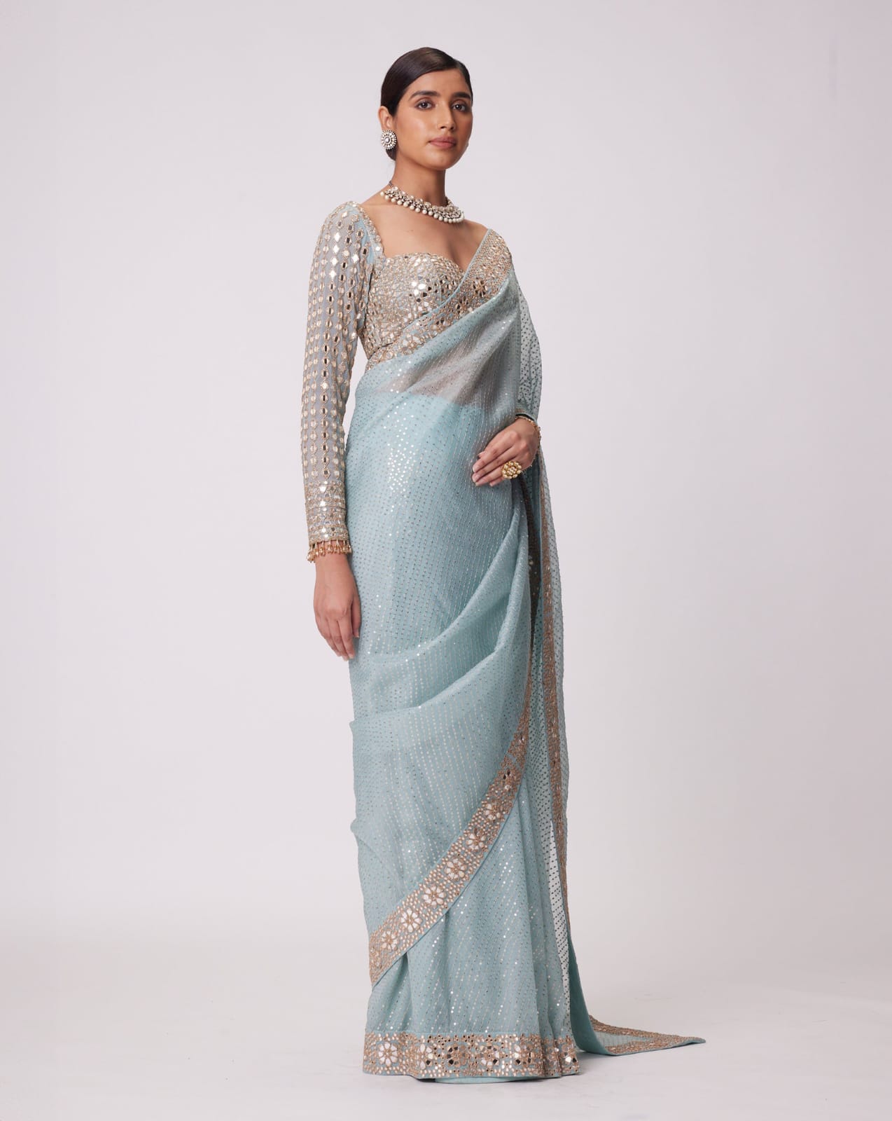New Bollywood Blockbuster Original Mirror Work Faux Georgette Saree β DF 3431