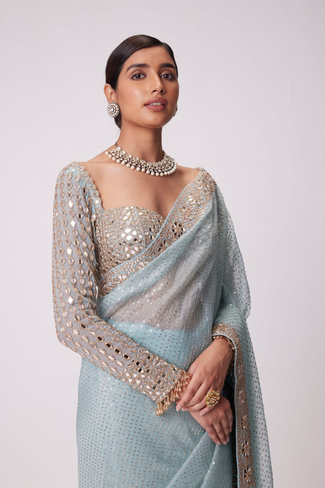 New Bollywood Blockbuster Original Mirror Work Faux Georgette Saree β DF 3431