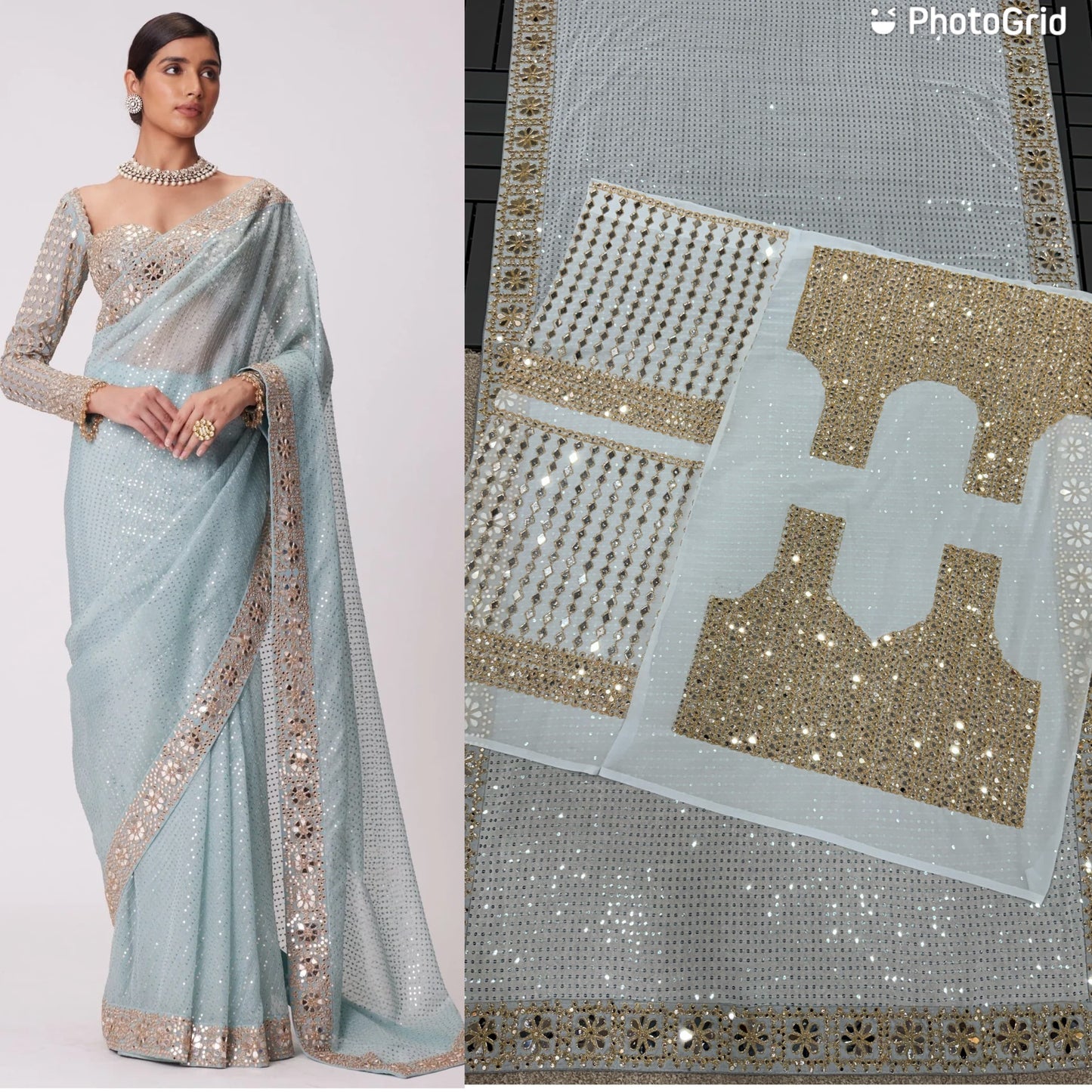 New Bollywood Blockbuster Original Mirror Work Faux Georgette Saree β DF 3431