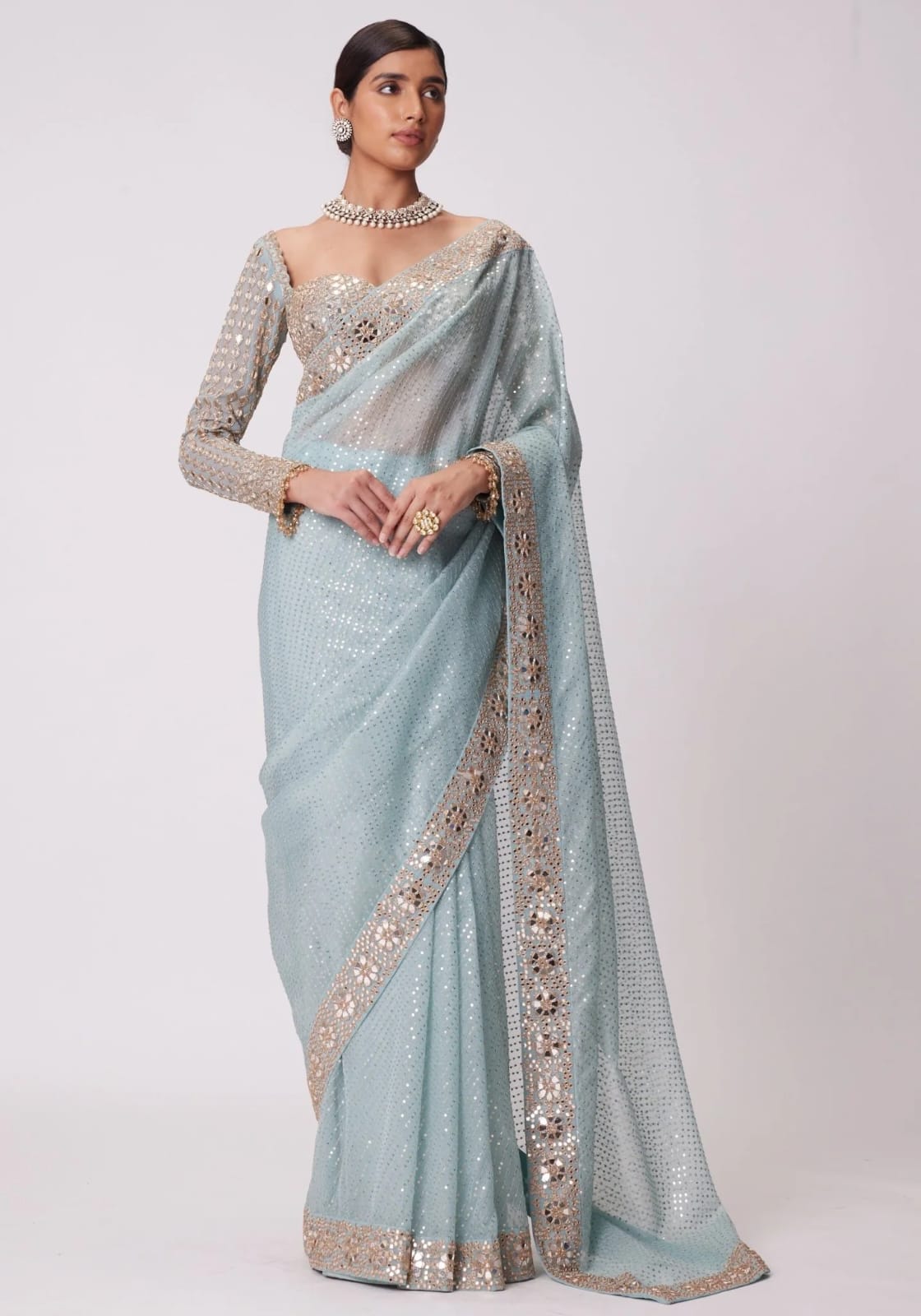 New Bollywood Blockbuster Original Mirror Work Faux Georgette Saree β DF 3431