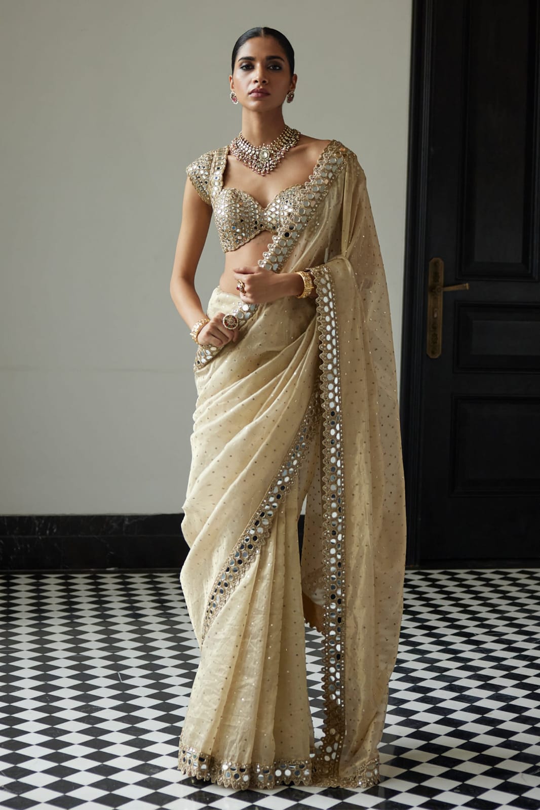 New Bollywood Blockbuster Original Mirror Work Organza Saree β DF 3450